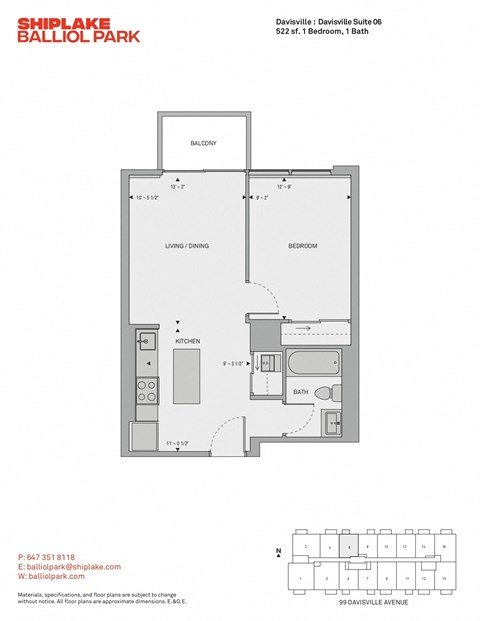 Floor plan for 1 bed, 1 bath, 522 sqft